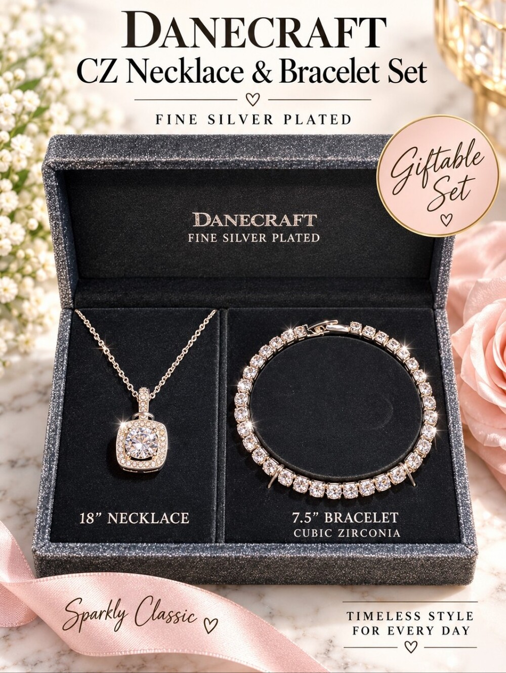 Danecraft Cubic Zirconia Necklace & Tennis Bracelet Set